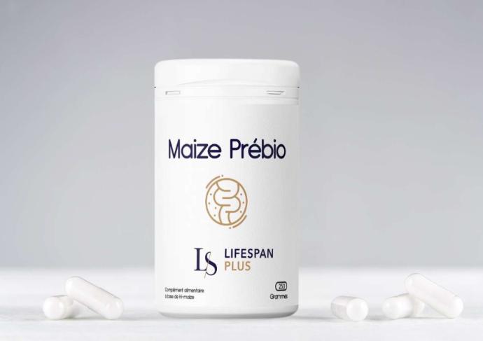 Flacon Maize Prébio laboratoire Lifespan Plus avec des gélules blanches à côté