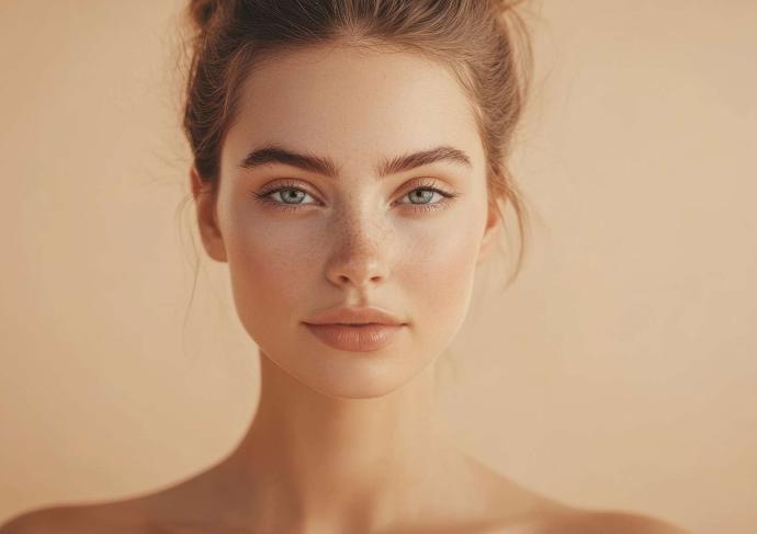 Visage de belle jeune femme sur fond beige